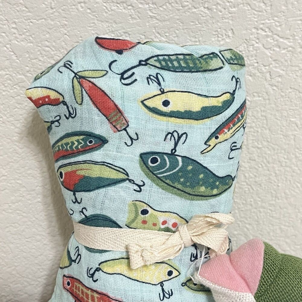 Mud Pie Fishing Lure Muslin Swaddle Blanket & Fish Rattle Baby Set - Picture 2 of 9